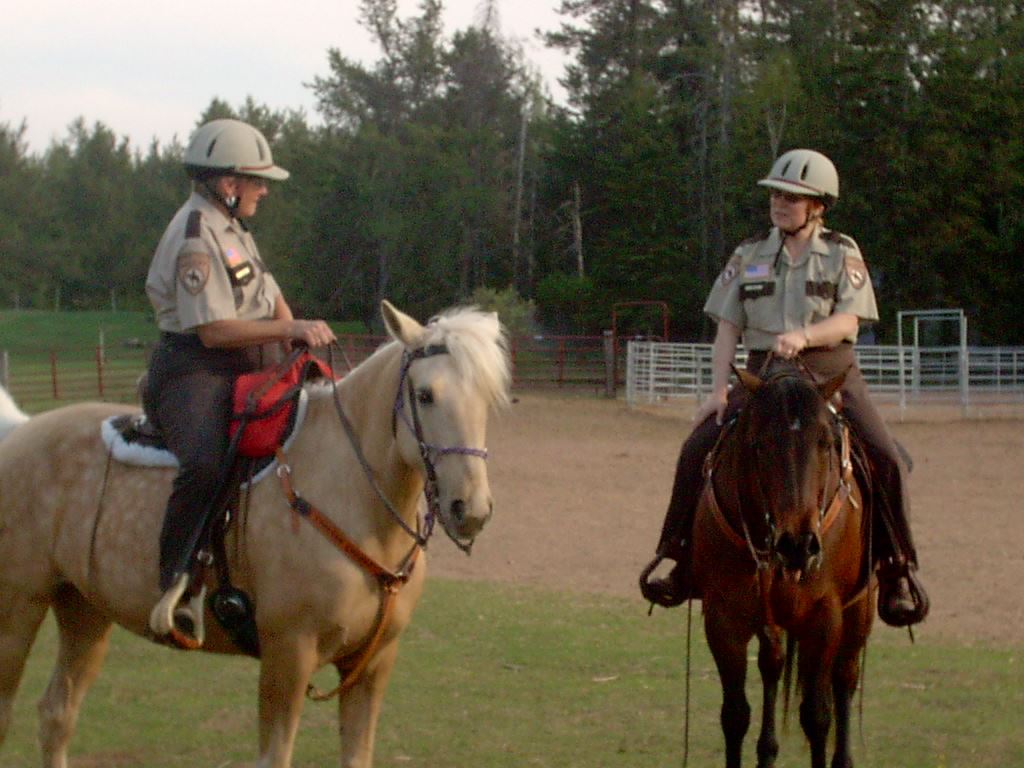 Two officers on horseback talking to each other
