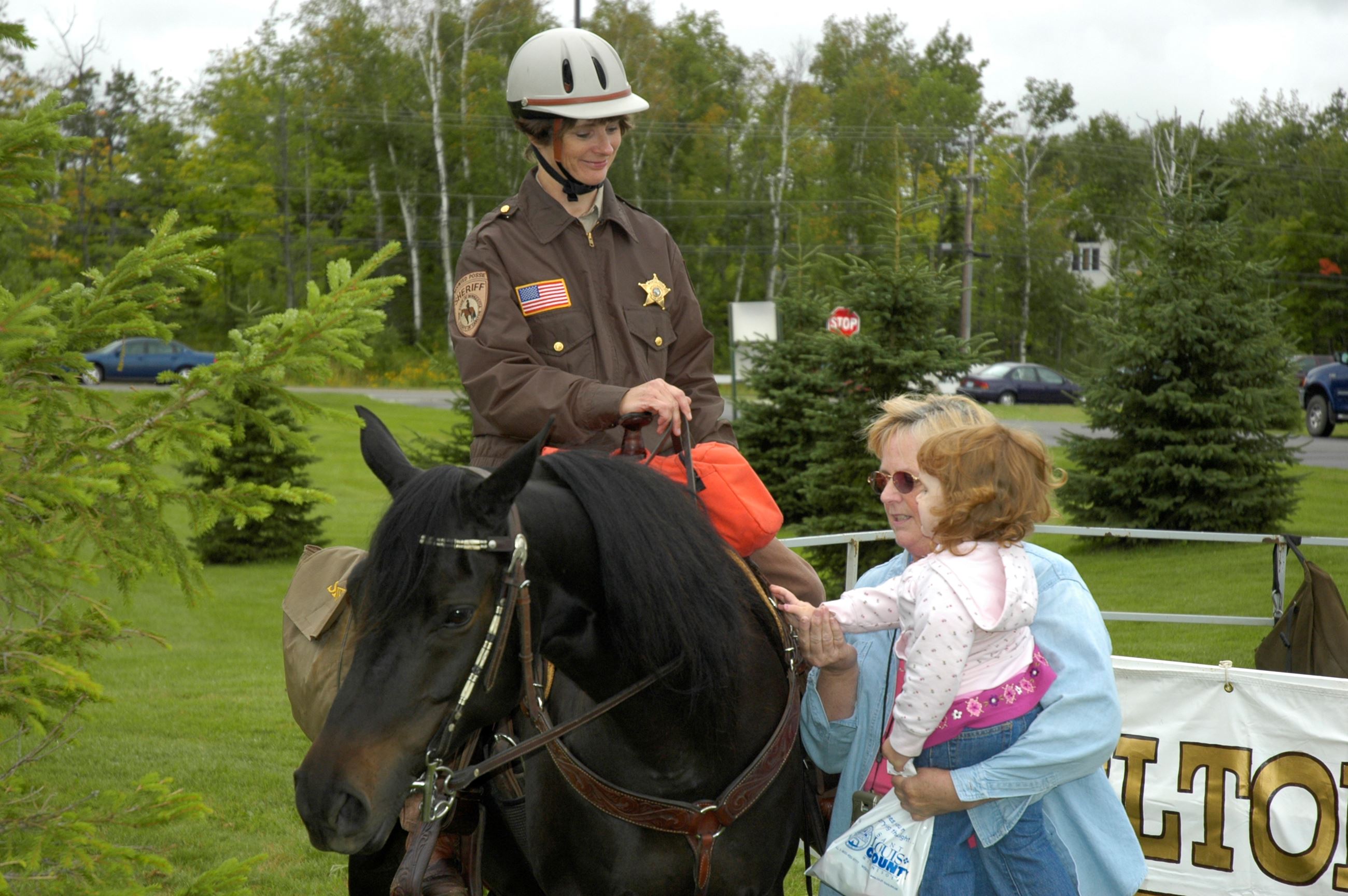 Female officer on a brown horse with a child petting horse